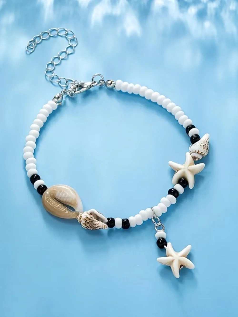 White Beaded Shell Anklet with Starfish Charm